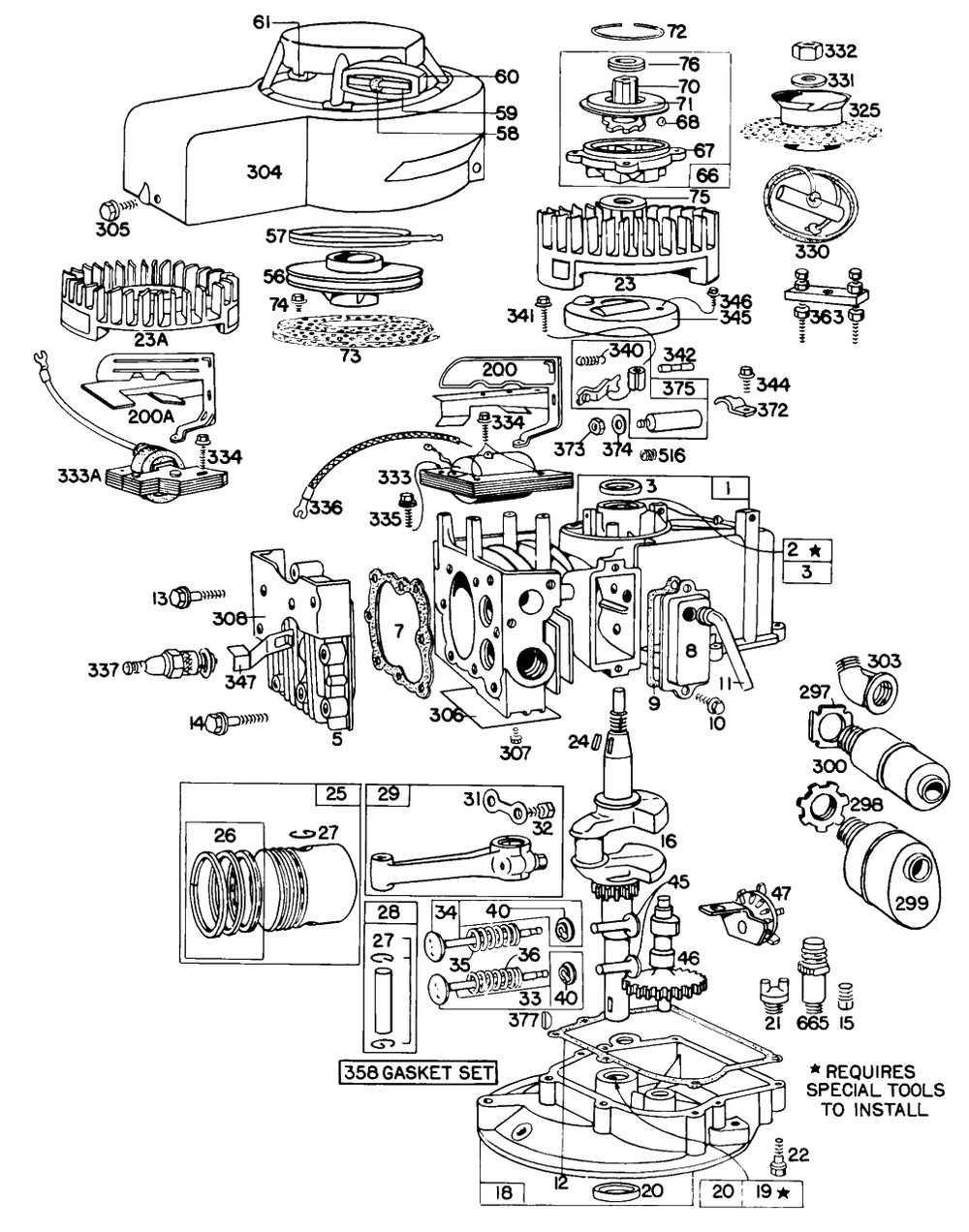 Cylinder, Gears, Mufflers Diagram and Parts List for 80506-0137-XX  Briggs and Stratton Engine